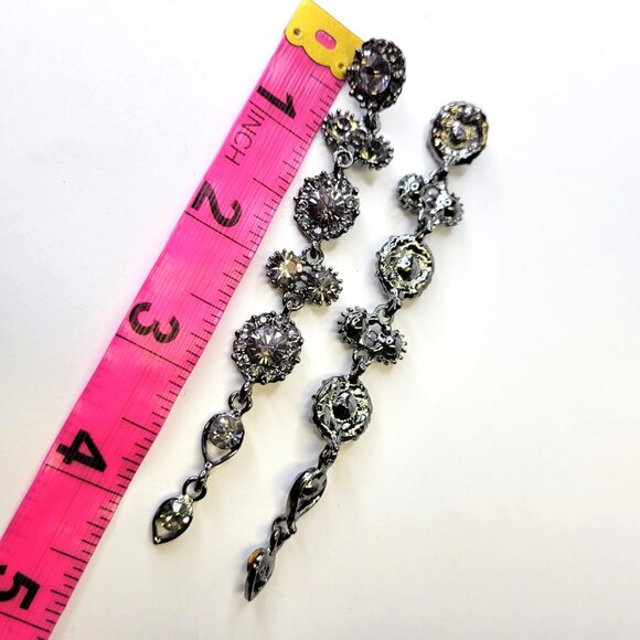 Rhinestone Chandelier Statement Earrings Smoky Grey or Light Black Long Earrings - Picture 10 of 11